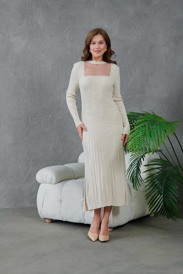 Women's Crew Neck Tulle Detail Maxi Size Corded Fabric Knitwear Dress
