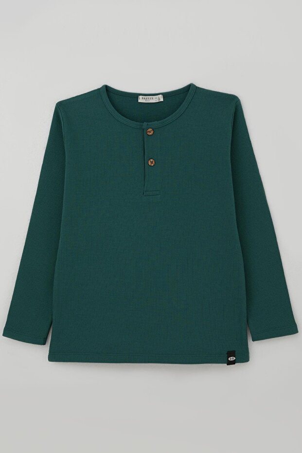 Boy's Long Sleeve T-Shirt with Button Detail, Ages 4-8, Petrol Green