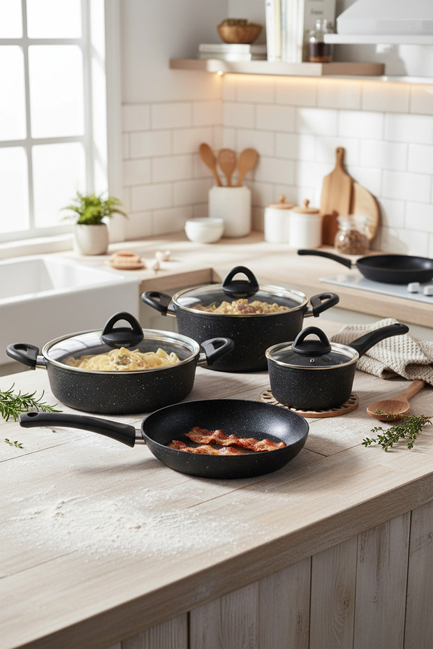 Melcor 9 Parça Granit Tencere Seti Siyah - 2