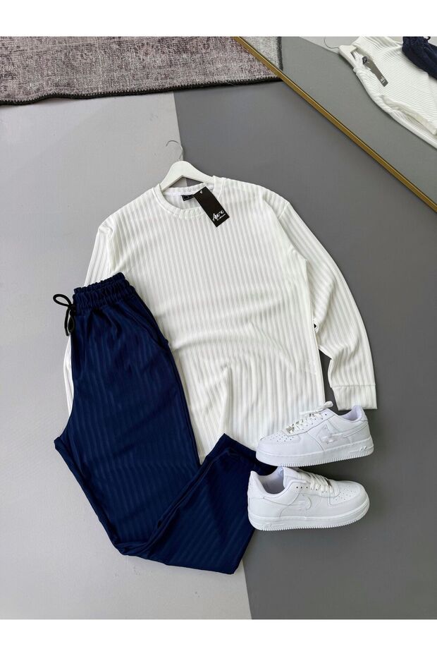 Men's Vertical Striped Stretch Fabric Ottoman White Sweatshirt Navy Blue Trousers 2-Piece Set