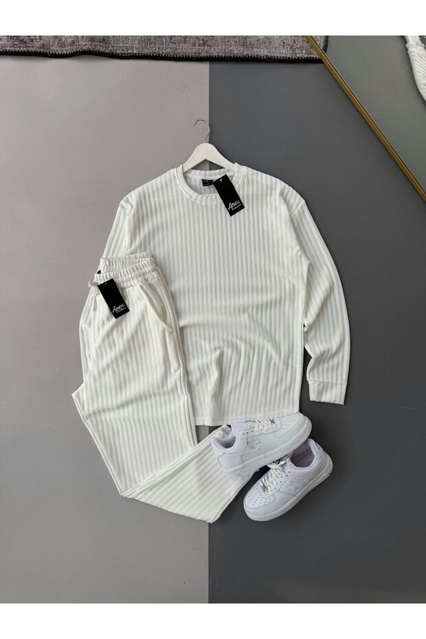 Men's Vertical Striped Stretch Fabric Ottoman White Sweatshirt White Trousers 2-Piece Set