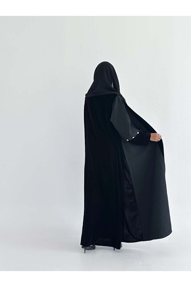 mwt572 عباية جاكار مع أكمام مخمل بأزارير ذهبية