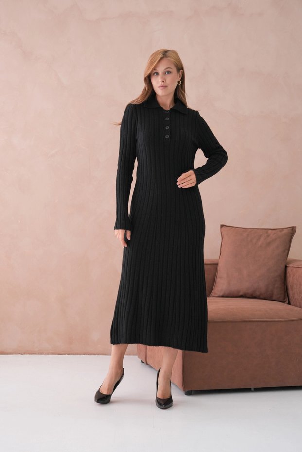 Women's Polo Neck Button Detail Maxi Length Soft Textured Corded Fabric Knitwear Dress