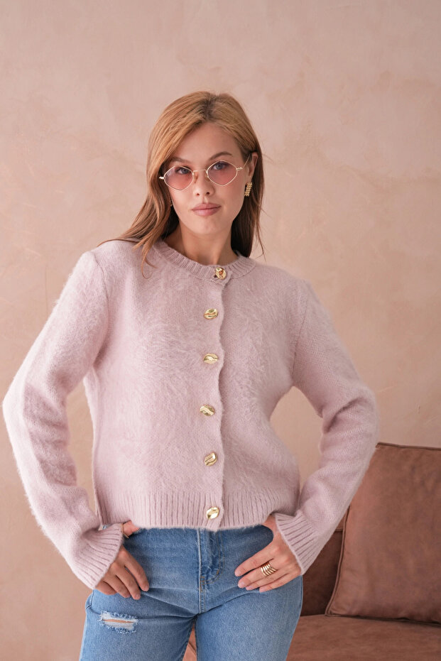 Women's Crew Neck Button Detailed Soft Textured Fleece-Lined Knitwear Jacket