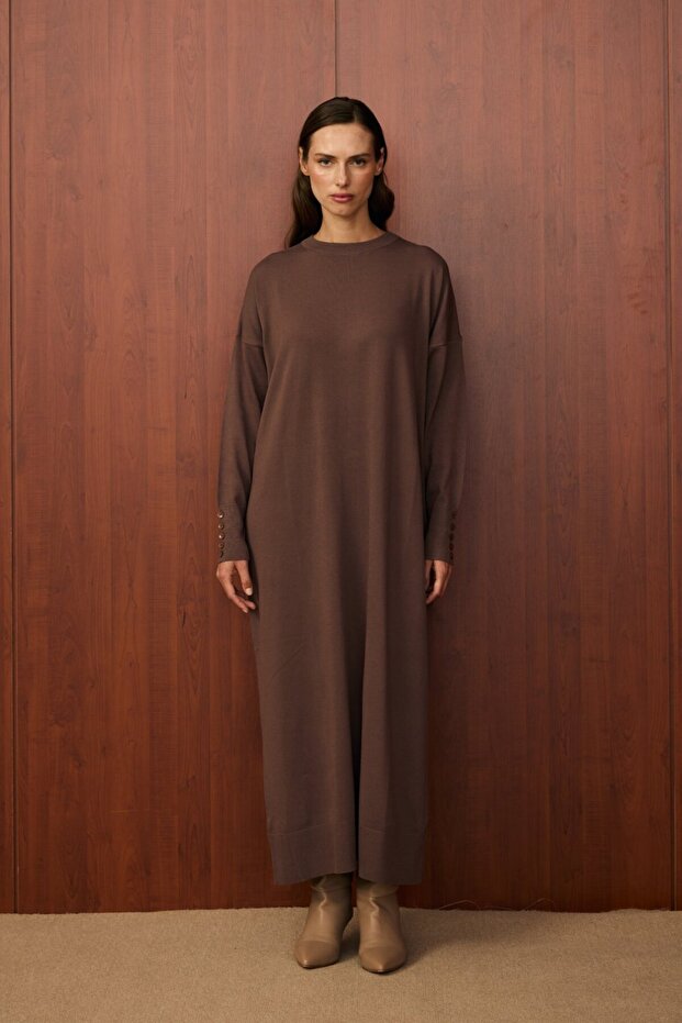 Basıc Triko Elbise-Kahverengi - 1