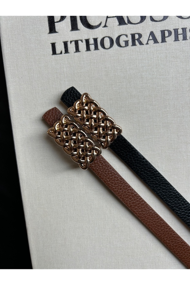 2-Piece Mate Patterned Women's Gold Buckle Belt Jacket Belt Dress Belt Trouser Belt