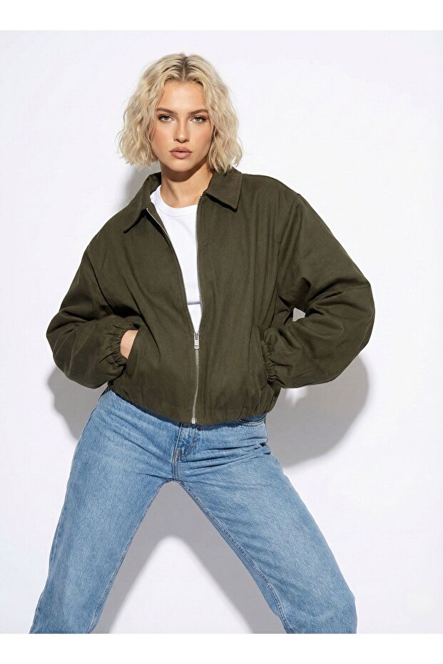 Women's Oversized Cotton Gabardine Classic Collar Zippered Casual Jacket Coat