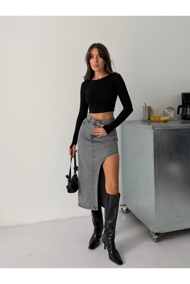 Women's Long Front Part Asymmetric Denim Skirt