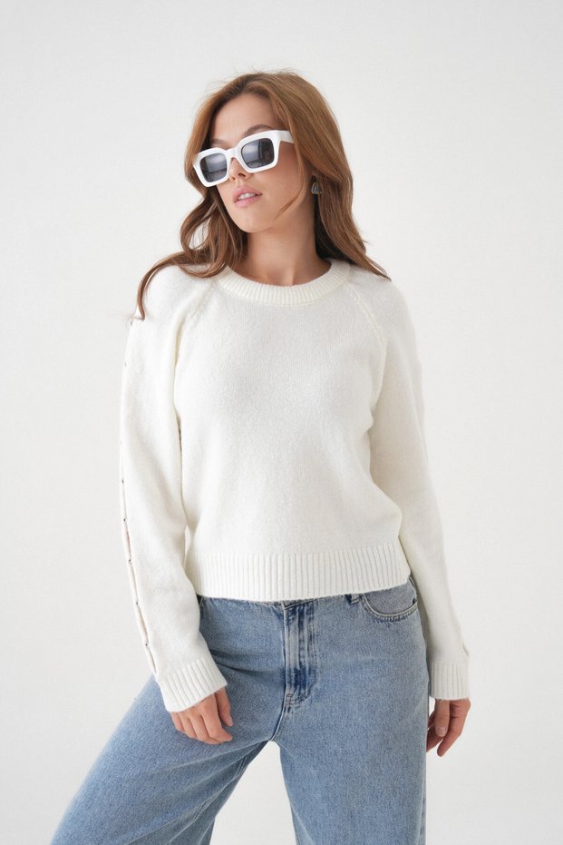 Women's Crew Neck Sleeves Bead Detail Soft Textured Knitwear Sweater
