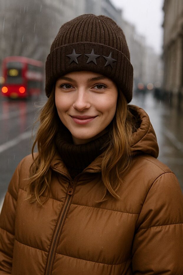 Brown Braided Leather Star Embroidered Women's Beanie