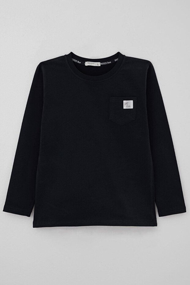 Boys' Long Sleeve T-Shirt with Cool Lettering and Emblem Pocket, Ages 4-8, Navy Blue