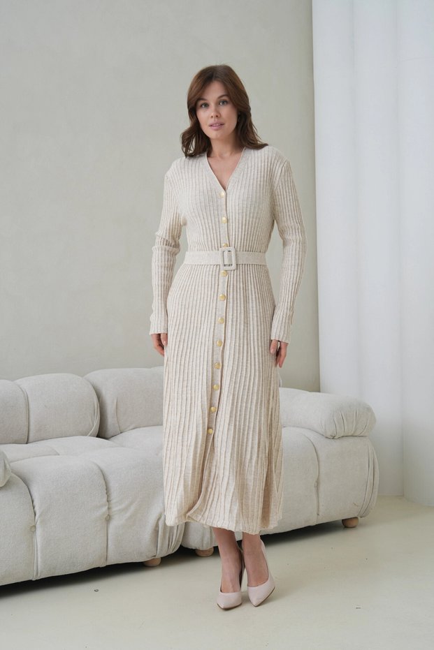 Women's V-Neck Full Button Closure Belt Detail Maxi Length Ribbed Knit Dress