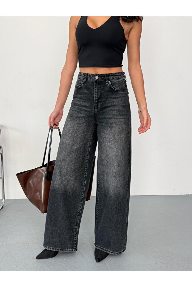 Women's Smoked Washed Baggy Jean High Waist Wide Leg Jeans Black