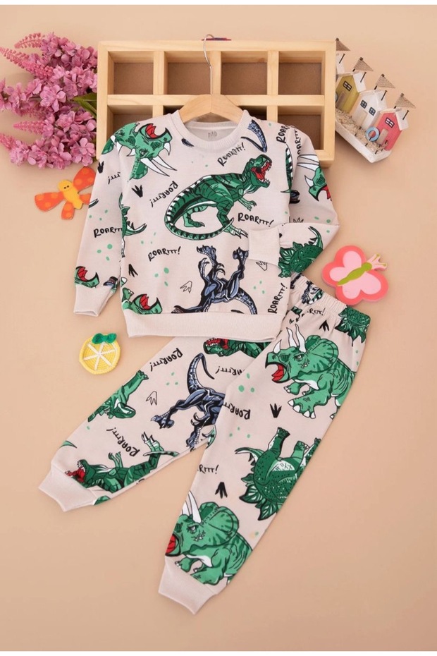 Children's Dinosaur Patterned Fleece-Lined Tracksuit Set – Ages 8-12