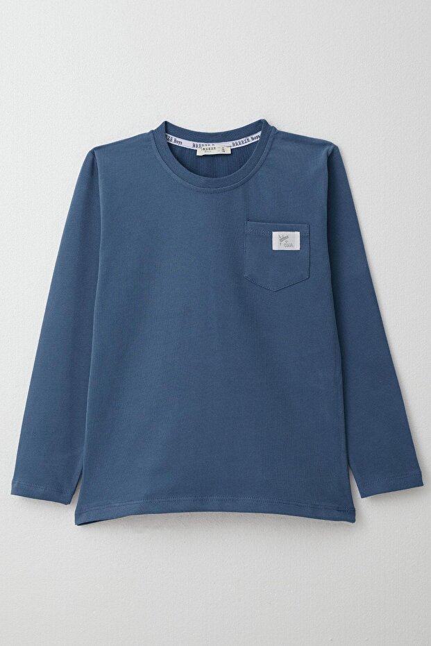 Boys' Long Sleeve T-Shirt with Cool Lettering and Emblem Pocket, Ages 4-8, Indigo