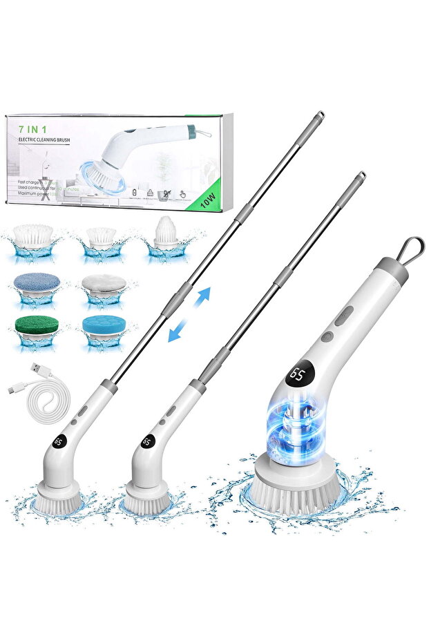 Electric Spin Scrubber, Cordless Bathroom Cleaning Brush with Extension Handle & 7 Replaceabl