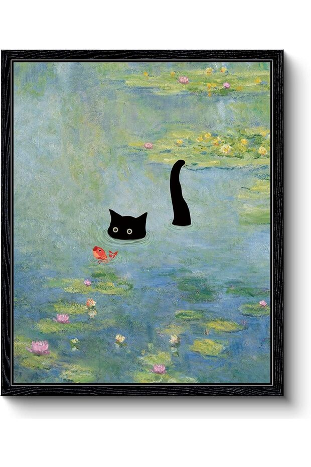 A4 Framed Vintage Fishing Cat II Canvas Art – Funny Wall Decor for Home