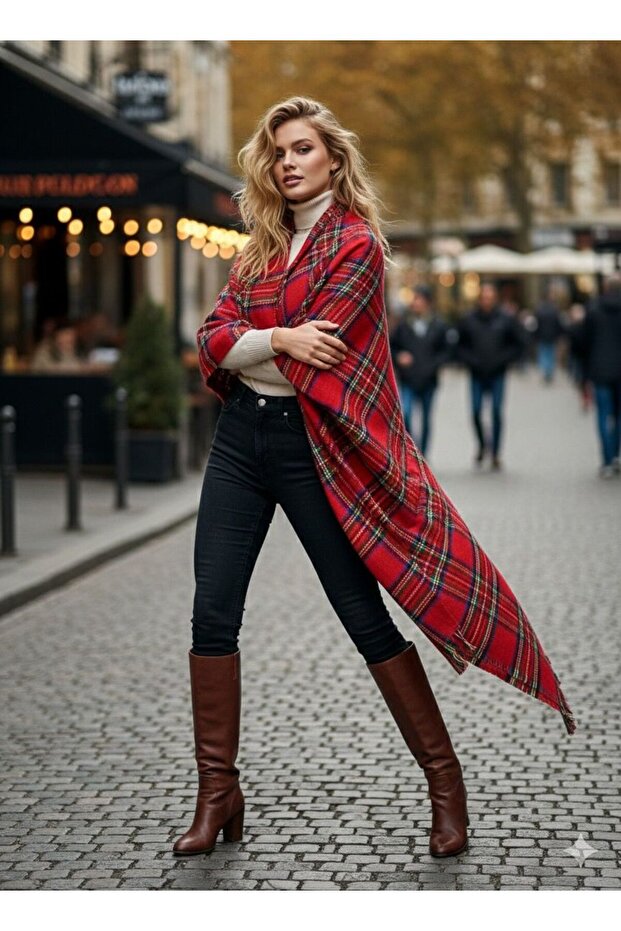 Plaid Red Double-Sided Thick Christmas Shawl