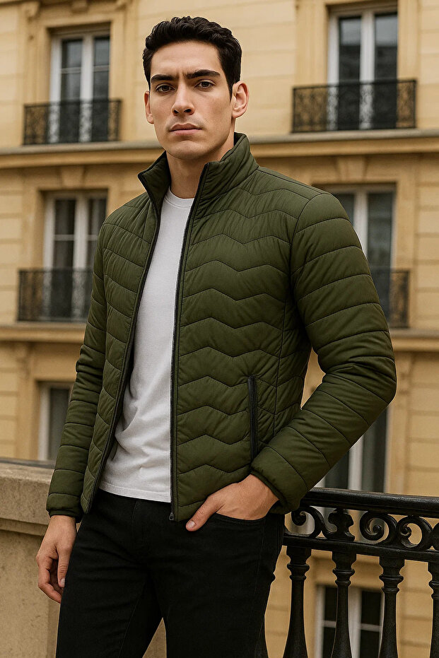 Erkek Premium Basic Kapitone Haki Şişme Mont - 3