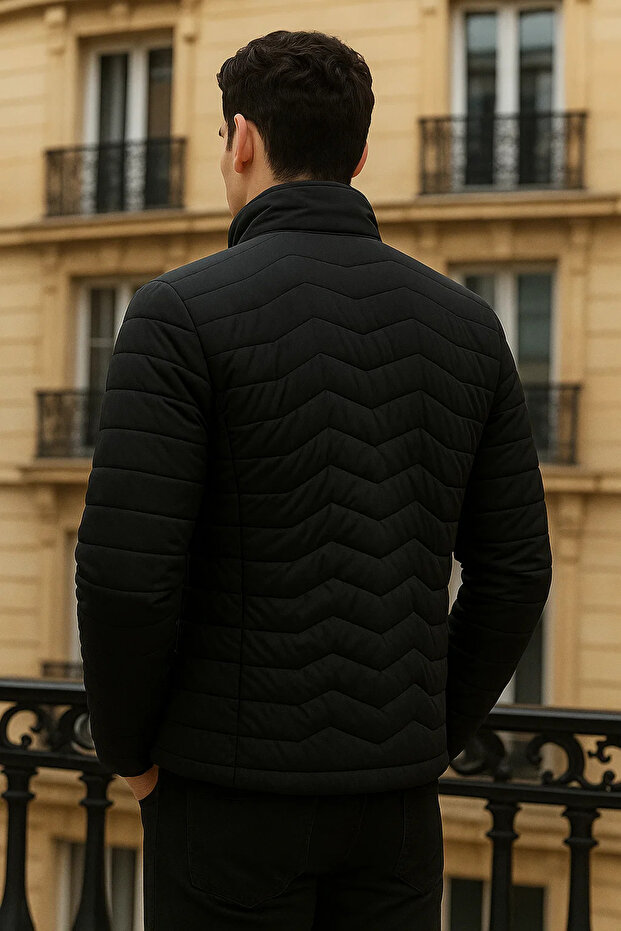 Erkek Premium Basic Kapitone Siyah Şişme Mont - 6