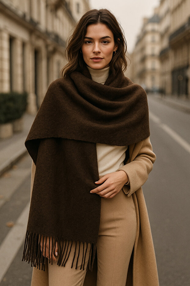Long Black Thick Textured Tasseled Unisex Scarf - Warm and Stylish Winter Object Sal1285