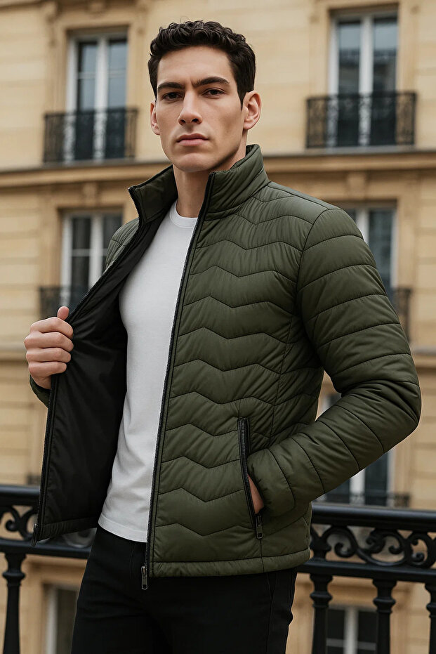 Erkek Premium Basic Kapitone Haki Şişme Mont - 1