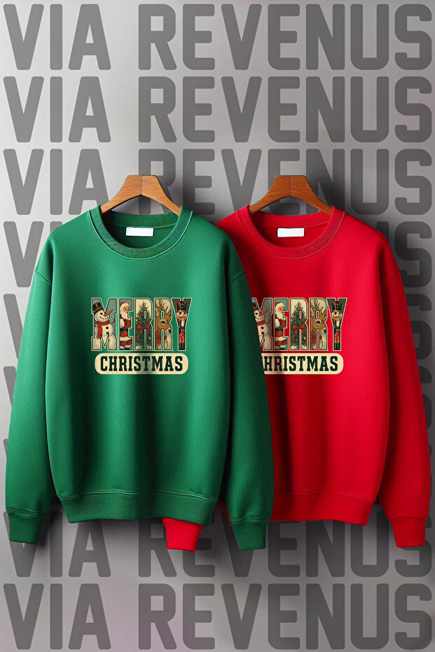 Merry Christmas New Year Christmas Printed Crew Neck 3 Thread Ş Fleece-Lined Lover Combination Sweatshirt