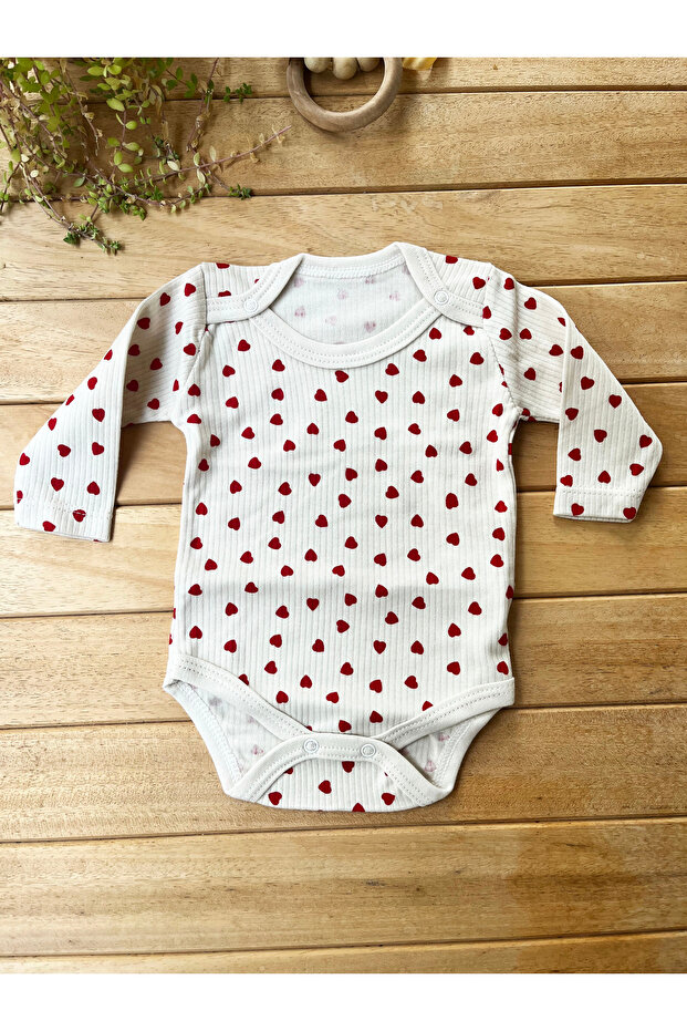 100% Cotton Ribbed Textured Long Sleeve Corded Fabric Heart Pattern Snap Fastener Bodysuit
