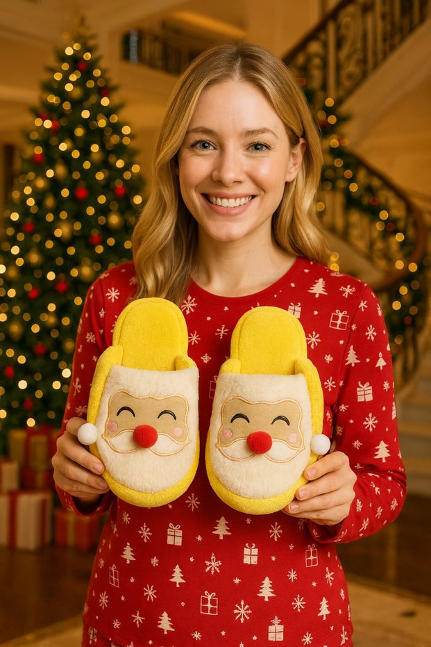Christmas Fluffy House Slippers with Santa Claus Figure New Year's Special Design House Slippers Non-Slip Sole