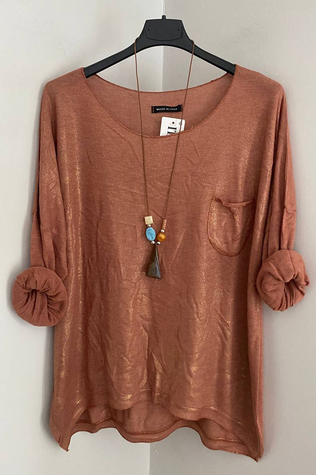Women's Italian Cinnamon-Colored Blouse with Pocket Detail on the Front and Shiny Glitter Detail on the Front, Loose Fit, Long Sleeves
