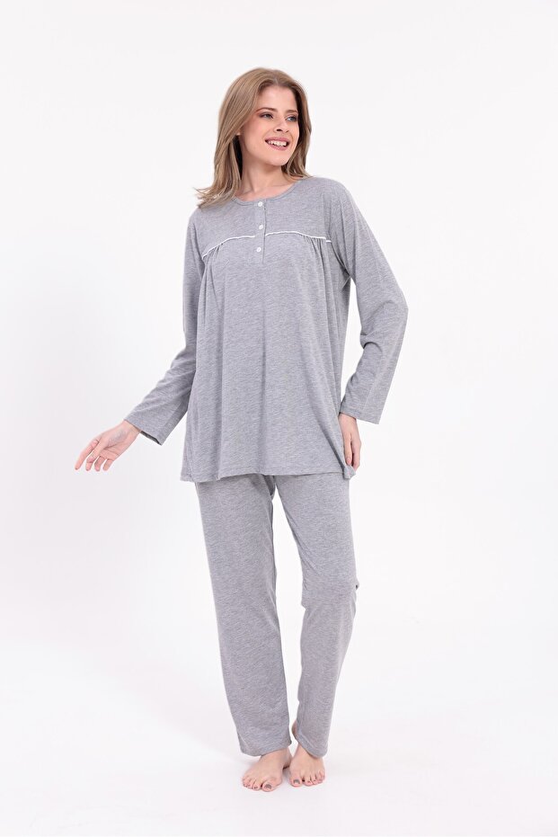 Women's Gray Plus Size Cotton Button down Pajama Set