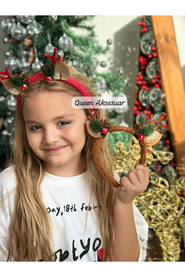 New Year Christmas Deer Elk Antler Plush Crown Brown Pinecone Pine Fancy Standard - 4