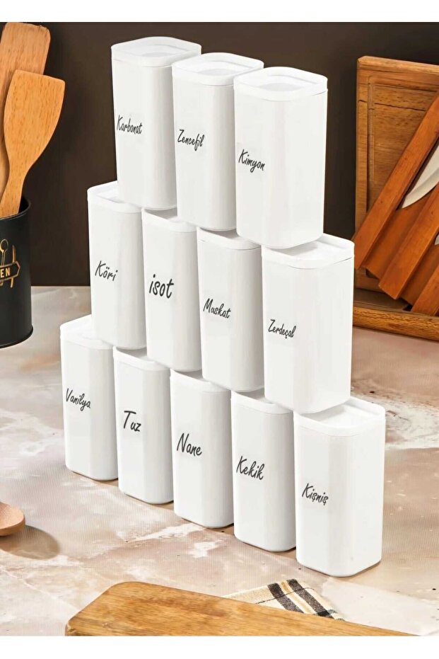 Set of 12 300 ml Vacuum Lid Mica White Spice Jars with Labels - Leakproof Seal Storage Container