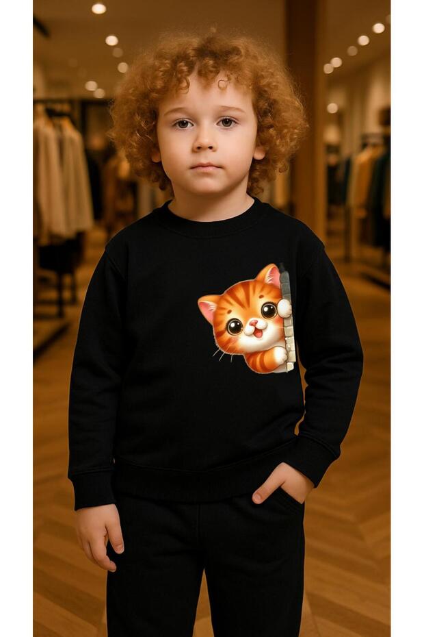 Children's Team Sweatshirt Cat Holding a Sweatshirt B Printed Girls Boys Crew Neck3 4-5-6-7-8-9-10-11-12Years