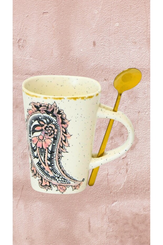 Meloria Ceramic Embossed Patterned Mug with Spoon 280 ml - 3