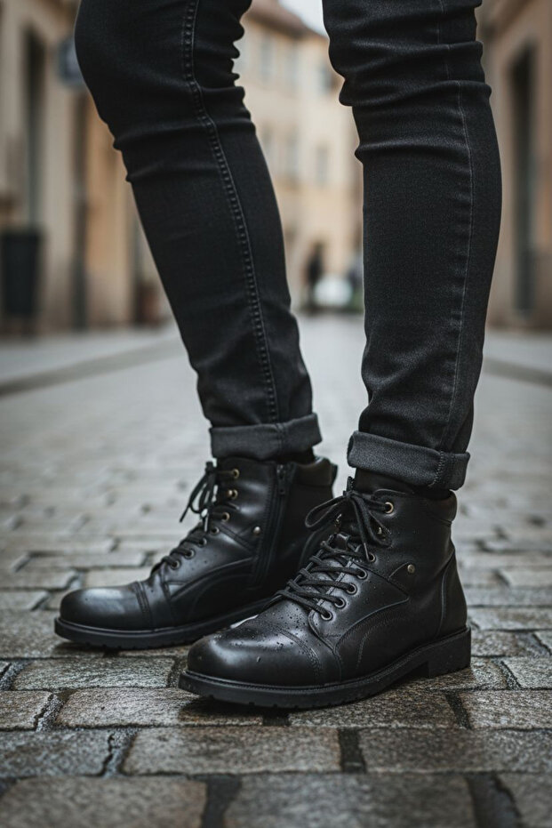 Konay D76 Genuine Leather Lace-Up Zipper Men's Boots