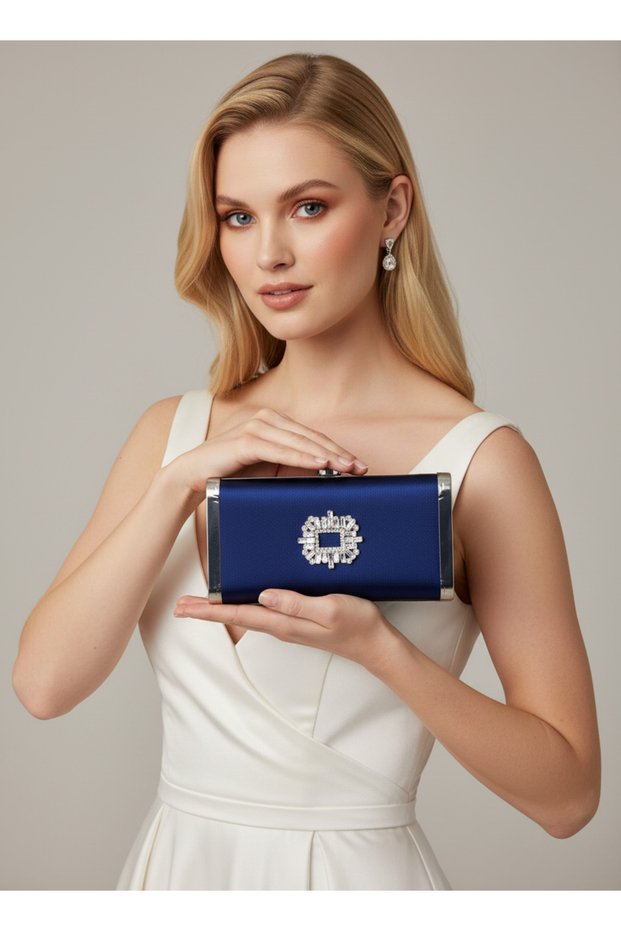 Navy Blue Full Metal Frame and Crystal Embroidered Glitter Satin Evening Dress Bag Wedding Engagement Graduation