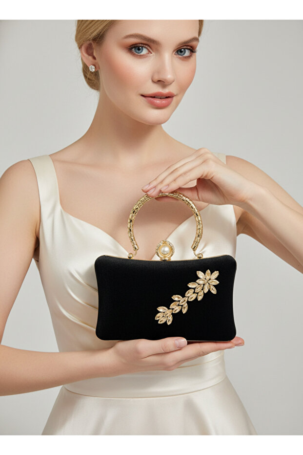 Black Gold Pearl and Crystal Embroidered Glitter Satin Evening Dress Bag