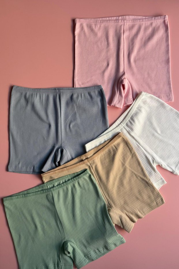 Cotton Hug | 5-Pack Black, Pink, Green, White and Blue Ribbed Knit Cotton A-Line Women's Short Shorts-Boxers