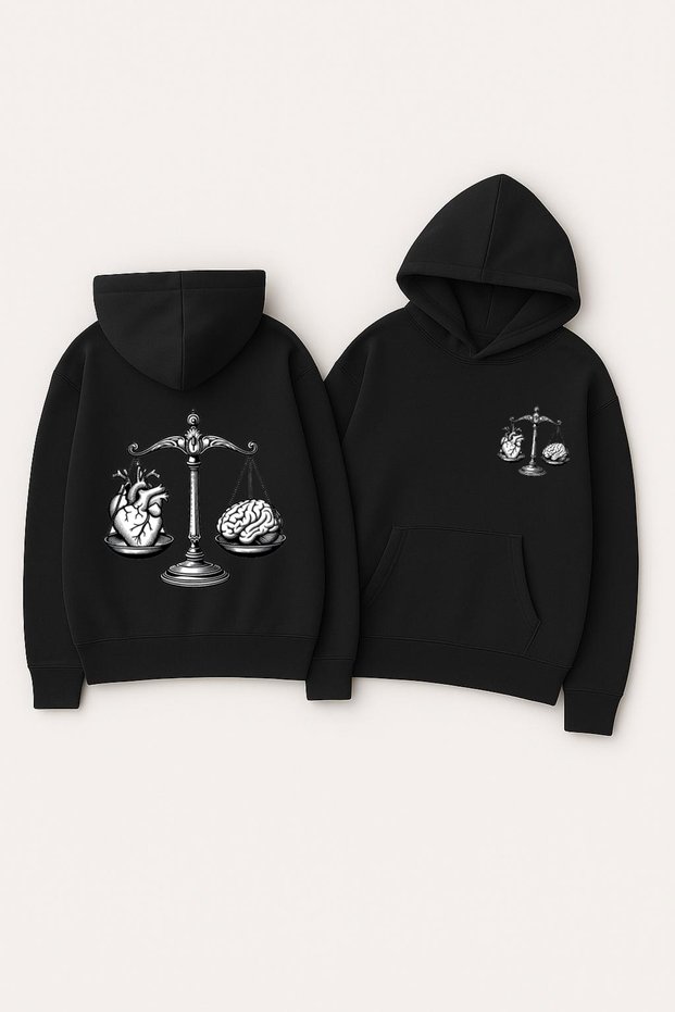 Unisex Hooded Oversized Printed Sweatshirt – Heart Brain Scales Balance Illustration Back Print