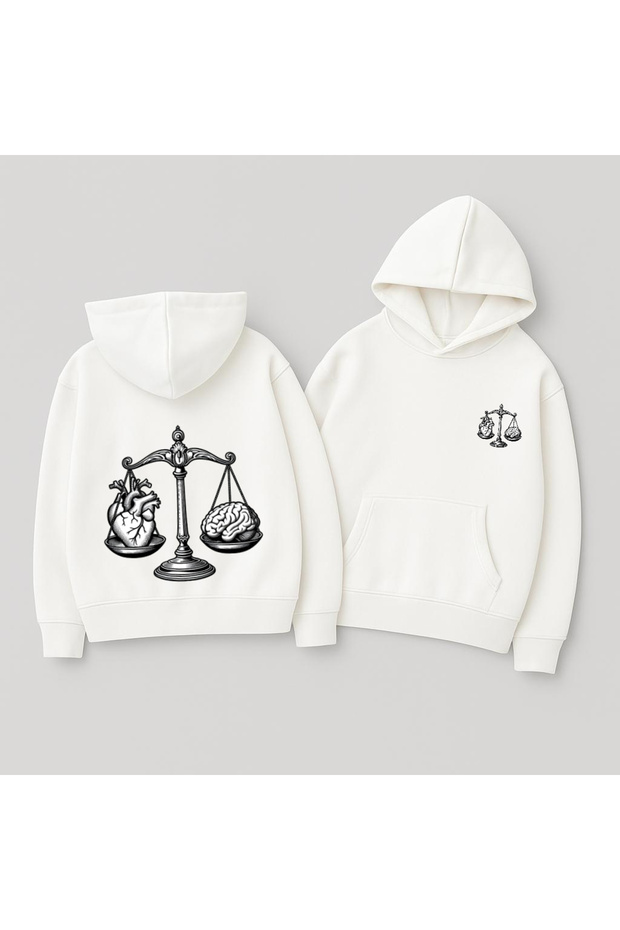 Unisex Hooded Oversized Printed Sweatshirt – Heart Brain Scales Balance Illustration Back Print