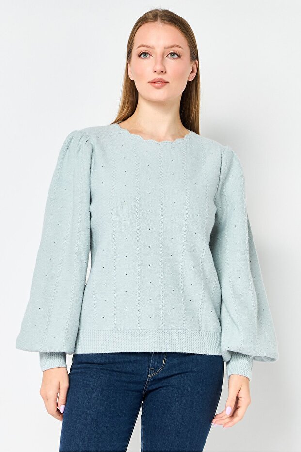 Women Scalloped Neck Knitted Sweater, Light Blue