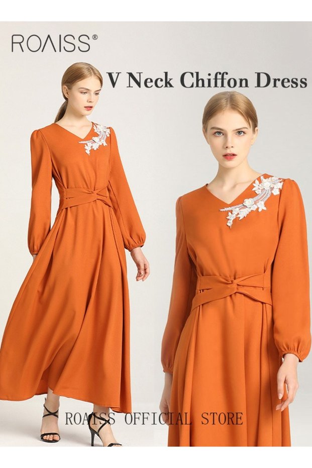 Women's Dress V-Neck A-Line Waist-Slimming Thin Three-Dimensional Applique Long-Sleeved Embroidere