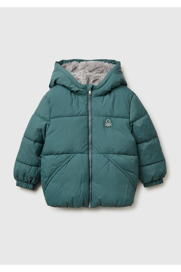 Boy's Grey-Green Zippered Jacket with Logo Patch on the Left Chest and Front Pocket Detail