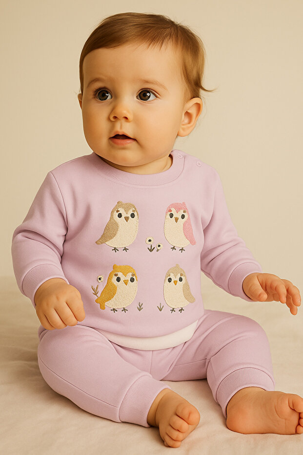 Embroidered Bird Patterned Baby Set Light Lilac