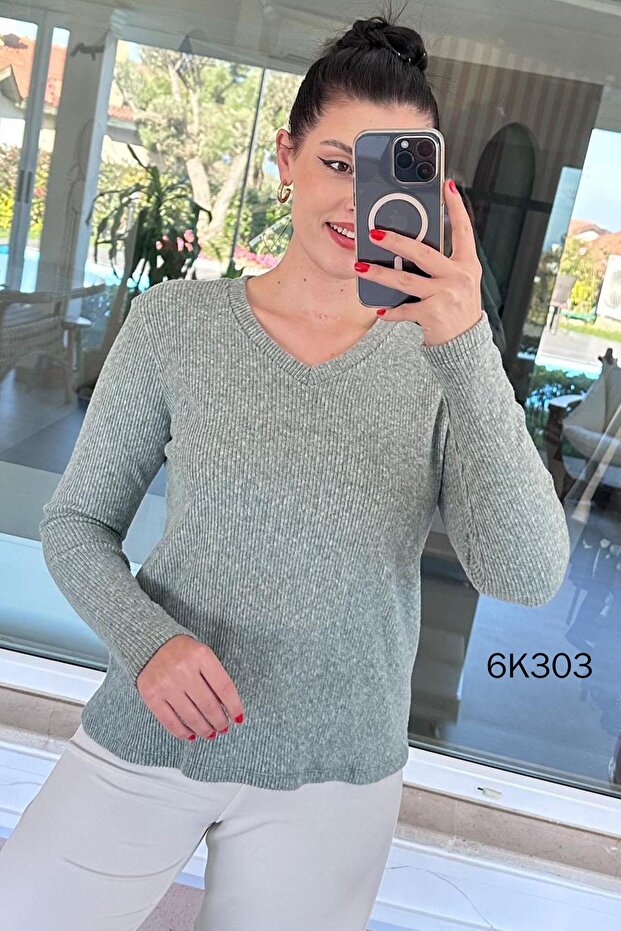 V-Neck Ribbed Knit Yumoş Blouse 6K303