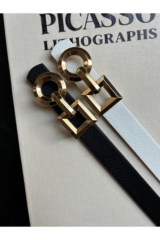 2-Piece Spire Interlocking Ring Pattern Women's Gold Buckle Belt Jacket Belt Dress Belt Trouser Belt