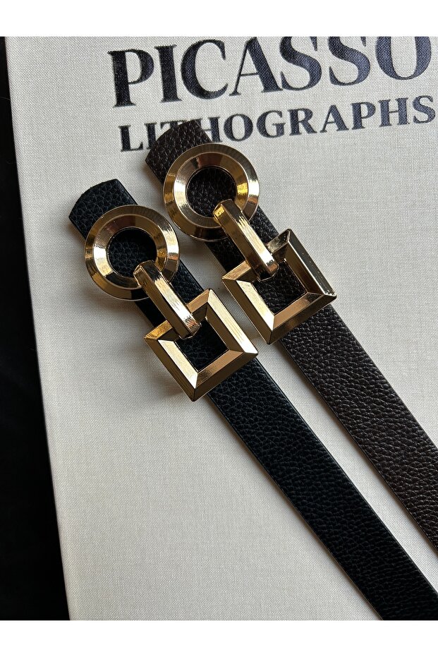 2-Piece Spire Interlocking Ring Pattern Women's Gold Buckle Belt Jacket Belt Dress Belt Trouser Belt
