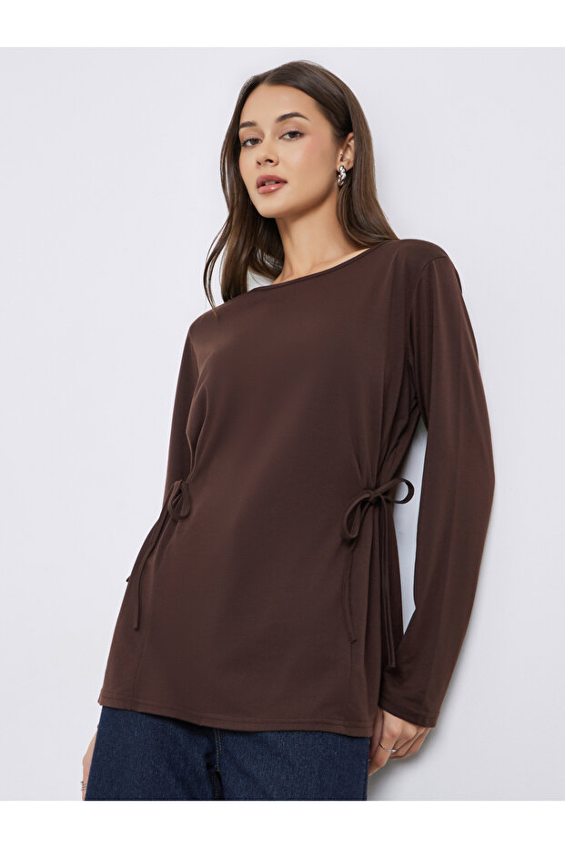 بلوزة محبوكة فضفاضة سادة مع أربطة - 1