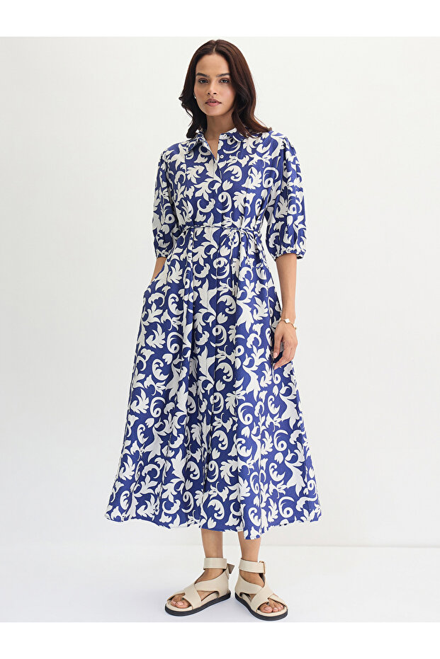 Blue Abstract Printed Waist Tie Midi Dress
